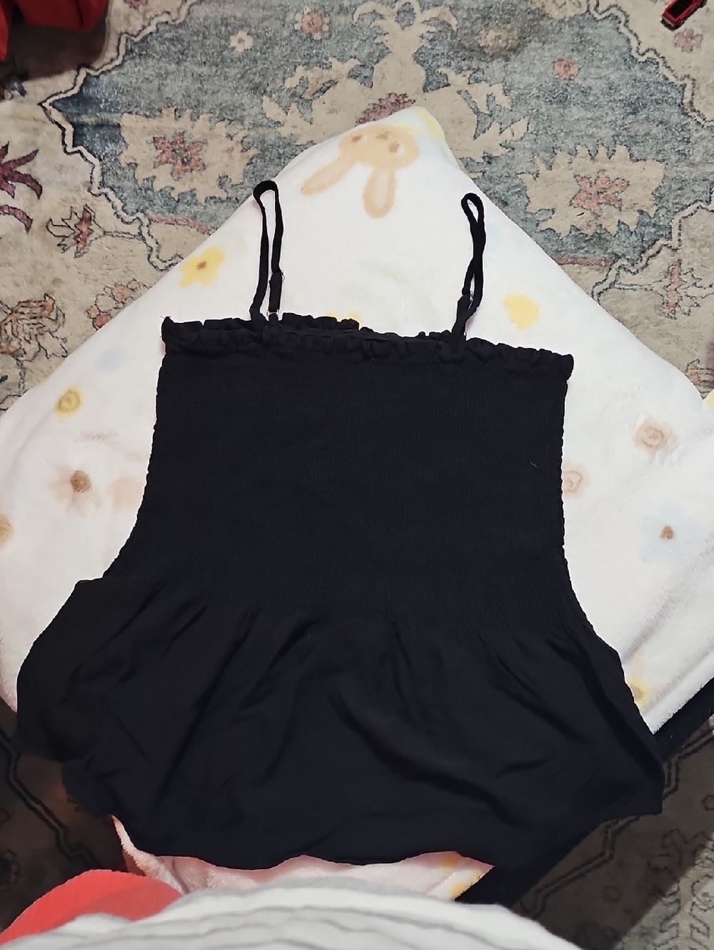 Women's Black Smocked Tank Top with Ruffle Hem